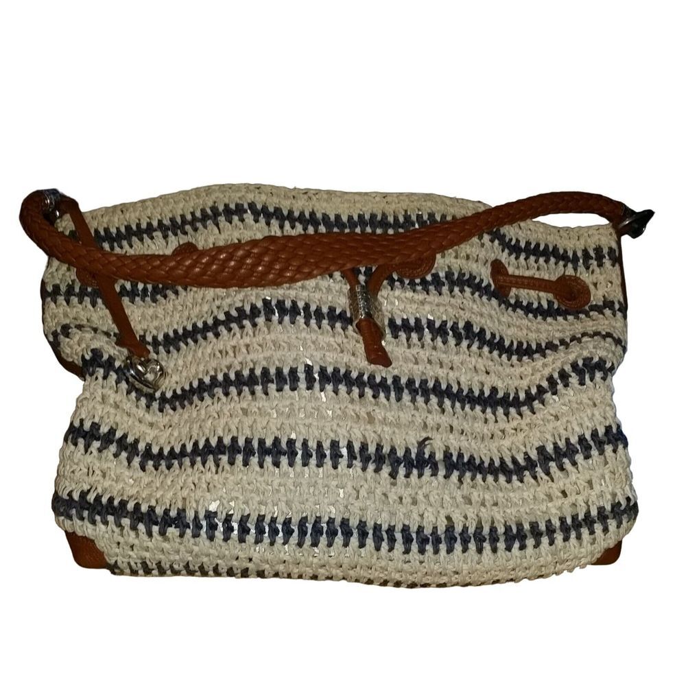 Brighton Straw Hobo Bag Women Sz M Navy Beige Leather‎ Woven Hobo Hipster Work